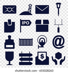 Post icons set. set of 16 post filled icons such as direction   isolated, stamp, street lamp, cargo box, fragile cargo, handle with care, love letter, glued note, goal post