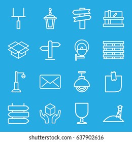 Post icons set. set of 16 post outline icons such as direction   isolated, parcel, street lamp, cargo box, fragile cargo, handle with care, box, glued note, direction