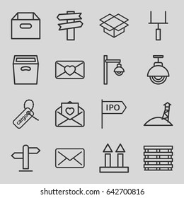 Post icons set. set of 16 post outline icons such as cargo box, cargo tag, cargo arrow up, box, love letter, street lamp, direction, observation military tower, goal post