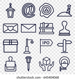 Post icons set. set of 16 post outline icons such as stamp, parcel, mail, street lamp, handle with care, arrow up, love letter, direction, observation military tower, box