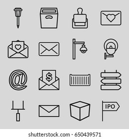 Post icons set. set of 16 post outline icons such as direction   isolated, stamp, mail, street lamp, cargo box, love letter, box, direction, goal post