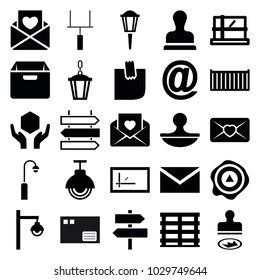 Post icons. set of 25 editable filled post icons such as parcel, mail, cargo box, handle with care, arrow up, love letter, at mail, glued note, stamp, street lamp, goal post
