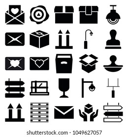 Post icons. set of 25 editable filled post icons such as direction   isolated, parcel, mail, box, love letter, cargo arrow up, stamp, street lamp, goal post, cargo box
