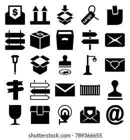 Post icons. set of 25 editable filled post icons such as direction   isolated, mail, stamp, direction, love letter, street lamp, cargo box, cargo tag, box, at mail, glued note