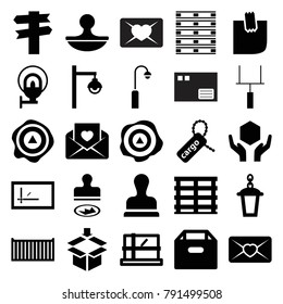Post icons. set of 25 editable filled post icons such as parcel, box, direction, street lamp, cargo box, cargo tag, handle with care, arrow up, love letter, glued note, stamp