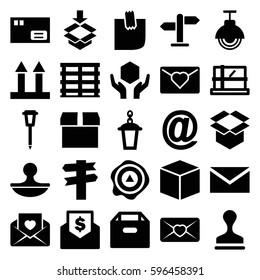 post icons set. Set of 25 post filled icons such as parcel, mail, stamp, street lamp, cargo box, cargo arrow up, handle with care, box, arrow up, love letter, glued note