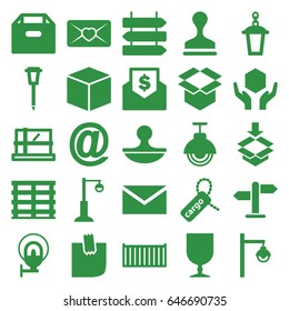 Post icons set. set of 25 post filled icons such as direction   isolated, parcel, mail, stamp, street lamp, cargo box, cargo tag, fragile cargo, handle with care, box