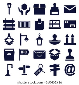 Post icons set. set of 25 post filled icons such as direction   isolated, stamp, parcel, mail, street lamp, cargo box, cargo tag, cargo arrow up, handle with care, box