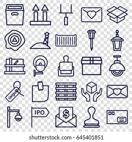 Post icons set. set of 25 post outline icons such as stamp, parcel, street lamp, cargo box, cargo tag, cargo arrow up, handle with care, box, arrow up, love letter, glued note
