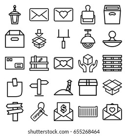 Post icons set. set of 25 post outline icons such as stamp, parcel, street lamp, cargo box, cargo tag, handle with care, box, love letter, glued note, direction