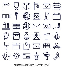 Post icons set. set of 36 post outline icons such as direction   isolated, parcel, mail, street lamp, cargo box, cargo tag, handle with care, box, arrow up, love letter