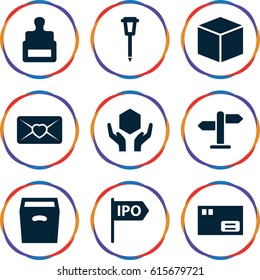 Post icons set. set of 9 post filled icons such as stamp, street lamp, handle with care, love letter, box, direction
