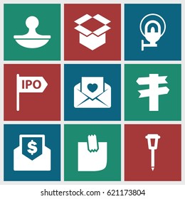 Post icons set. set of 9 post filled icons such as street lamp, box, love letter, glued note, stamp, direction