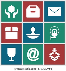 Post icons set. set of 9 post filled icons such as fragile cargo, handle with care, box, stamp, street lamp, at mail