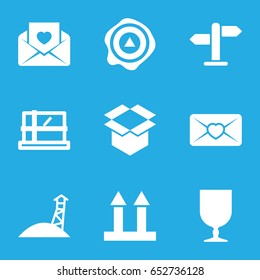 Post icons set. set of 9 post filled icons such as parcel, cargo arrow up, fragile cargo, box, arrow up, love letter, direction