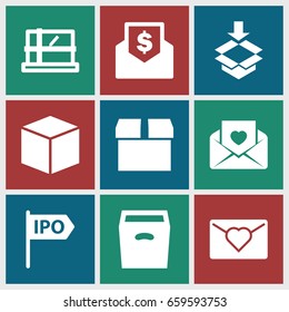 Post icons set. set of 9 post filled icons such as parcel, box, love letter, direction