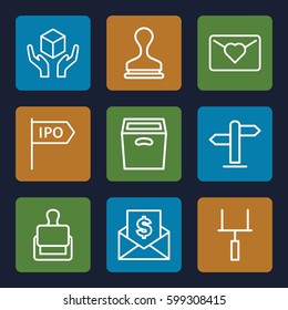 post icons set. Set of 9 post outline icons such as stamp, handle with care, box, direction, goal post, envelope with dollar bill