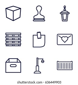 Post icons set. set of 9 post outline icons such as stamp, street lamp, cargo box, glued note, box