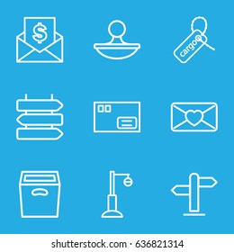 Post icons set. set of 9 post outline icons such as direction   isolated, street lamp, cargo tag, love letter, box, stamp, direction, parcel