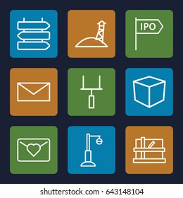 Post icons set. set of 9 post outline icons such as direction   isolated, parcel, mail, street lamp, direction, observation military tower, goal post, box