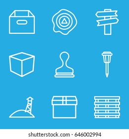 Post icons set. set of 9 post outline icons such as stamp, street lamp, cargo box, arrow up, observation military tower, box