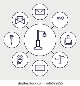 Post icons set. set of 9 post outline icons such as stamp, mail, street lamp, cargo box, love letter