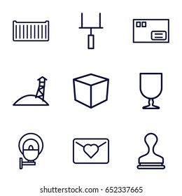 Post icons set. set of 9 post outline icons such as stamp, cargo box, fragile cargo, street lamp, observation military tower, goal post, parcel, box