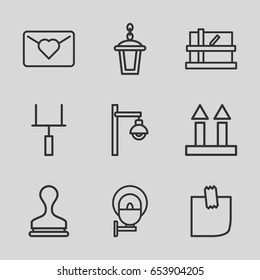 Post icons set. set of 9 post outline icons such as parcel, stamp, street lamp, cargo arrow up, glued note, goal post