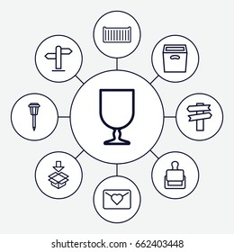 Post icons set. set of 9 post outline icons such as stamp, street lamp, cargo box, fragile cargo, box, direction