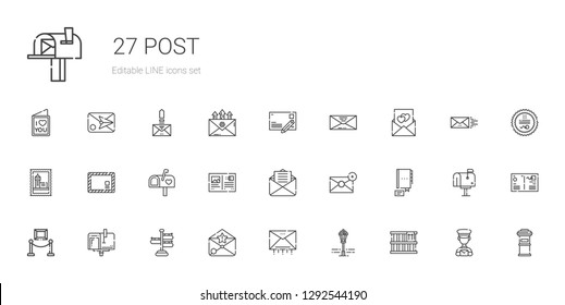 post icons set. Collection of post with box, street lamp, email, signpost, mailbox, exhibition, contact, postcard, envelope, stamp, love letter. Editable and scalable post icons.