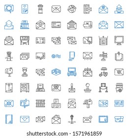 post icons set. Collection of post with box, envelope, email, street lamp, love letter, postcard, mailbox, stand, exhibition, stamp, postman. Editable and scalable post icons.