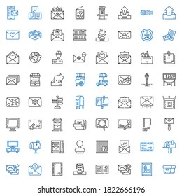post icons set. Collection of post with box, stamp, email, postcard, envelope, mailbox, mail, love letter, crate, rubber stamp, stand, contact. Editable and scalable post icons.