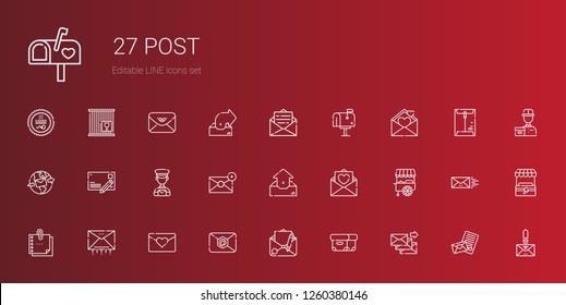 post icons set. Collection of post with email, box, love letter, sticky note, stand, outbox, postman, postcard, mailbox, delivery courier, envelope. Editable and scalable post icons.