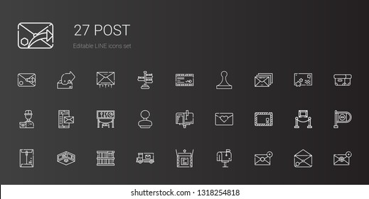 post icons set. Collection of post with email, mailbox, unboxing, mail truck, box, exhibition, envelope, love letter, rubber stamp, mail, delivery courier. Editable and scalable post icons.