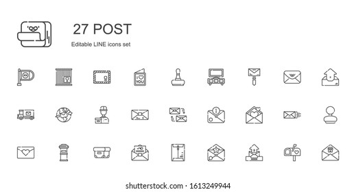 post icons set. Collection of post with email, envelope, mail, box, letterbox, love letter, mailing, delivery courier, mail truck, stand, stamp. Editable and scalable post icons.