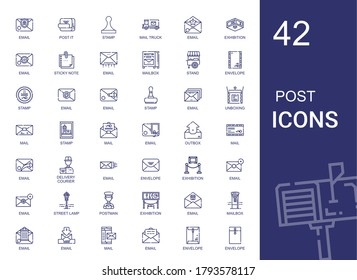 post icons set. Collection of post with email stamp, mail truck, exhibition, sticky note, mailbox, stand, envelope, unboxing, mail. Editable and scalable icons.