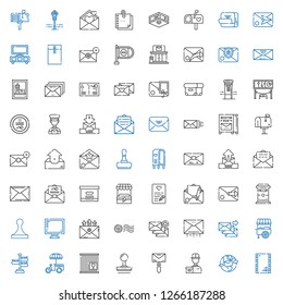 post icons set. Collection of post with envelope, email, delivery courier, mail, stamp, crate, stand, signpost, display, mailbox, love letter. Editable and scalable post icons.