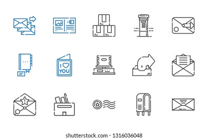 post icons set. Collection of post with envelope, letterbox, stamp, box, email, outbox, love letter, contact, mailbox, postcard. Editable and scalable post icons.