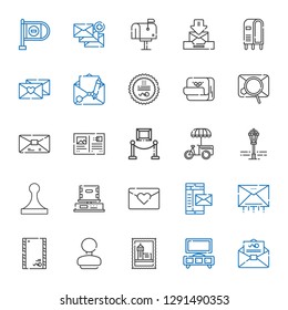 post icons set. Collection of post with mail, stand, stamp, rubber stamp, envelope, email, love letter, box, street lamp, exhibition, postcard. Editable and scalable post icons.