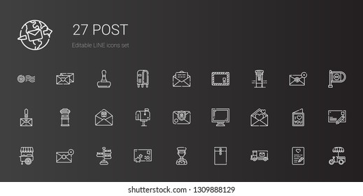 post icons set. Collection of post with mail truck, envelope, postman, postcard, signpost, email, stand, love letter, display, mailbox, letterbox. Editable and scalable post icons.