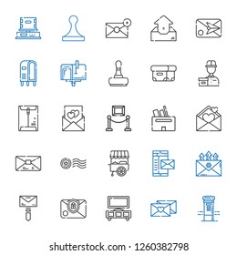 post icons set. Collection of post with mailbox, love letter, stand, email, mail, stamp, box, exhibition, envelope, delivery courier, letterbox. Editable and scalable post icons.
