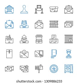 post icons set. Collection of post with mailbox, stamp, email, love letter, postman, contact, envelope, crate, box, stand, exhibition. Editable and scalable post icons.