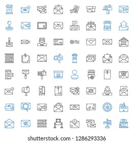 post icons set. Collection of post with post office, signpost, mailing, email, exhibition, box, stamp, postcard, envelope, love letter, it. Editable and scalable icons.