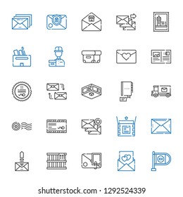 post icons set. Collection of post with wrong way, love letter, email, box, unboxing, mail, stamp, mail truck, contact, exhibition, mailing. Editable and scalable post icons.