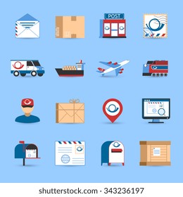 Post icons set with plane train and truck transportation symbols on blue background flat isolated vector illustration 