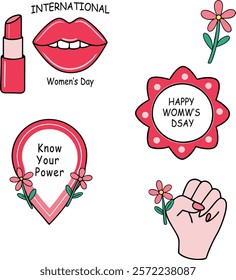 Post Illustration Design  for International Women's Day with Girl Power Cute Doodle and Colorful Symbols. Hand Drawn Line art  and greeting card, tickers, Circular Labels , poster, elements