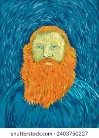 Post Impressionism art style of an old man with red ginger beard viewed from front.