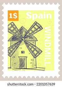 Post imprinting, isolated piece of paper or sticker with windmill in Spain. Travel sight or famous landmarks. Postmark design, postal stamp in monochrome sketch outline. Vector in flat style