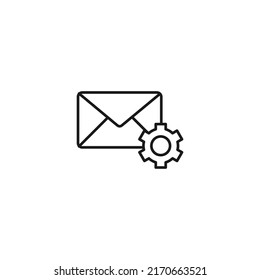 Post and letter monochrome sign. Outline symbol drawn with black thin line. Suitable for web sites, apps, stores, shops etc. Vector icon of gear or cogwheel by envelope 