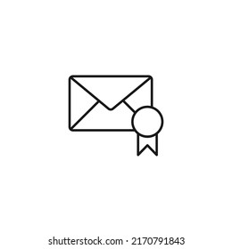 Post and letter monochrome sign. Outline symbol drawn with black thin line. Suitable for web sites, apps, stores, shops etc. Vector icon of award ribbon next to envelope 